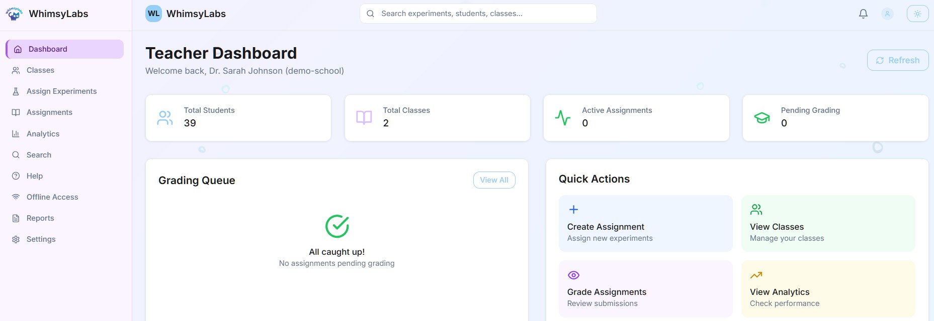 Teacher dashboard in light mode